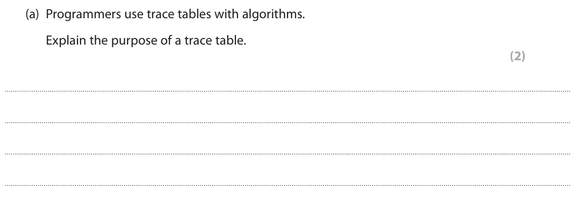 June 2023 Paper 1, question 4(a): Programmers use trace tables with algorithms. Explain the purpose of a trace table. (2)