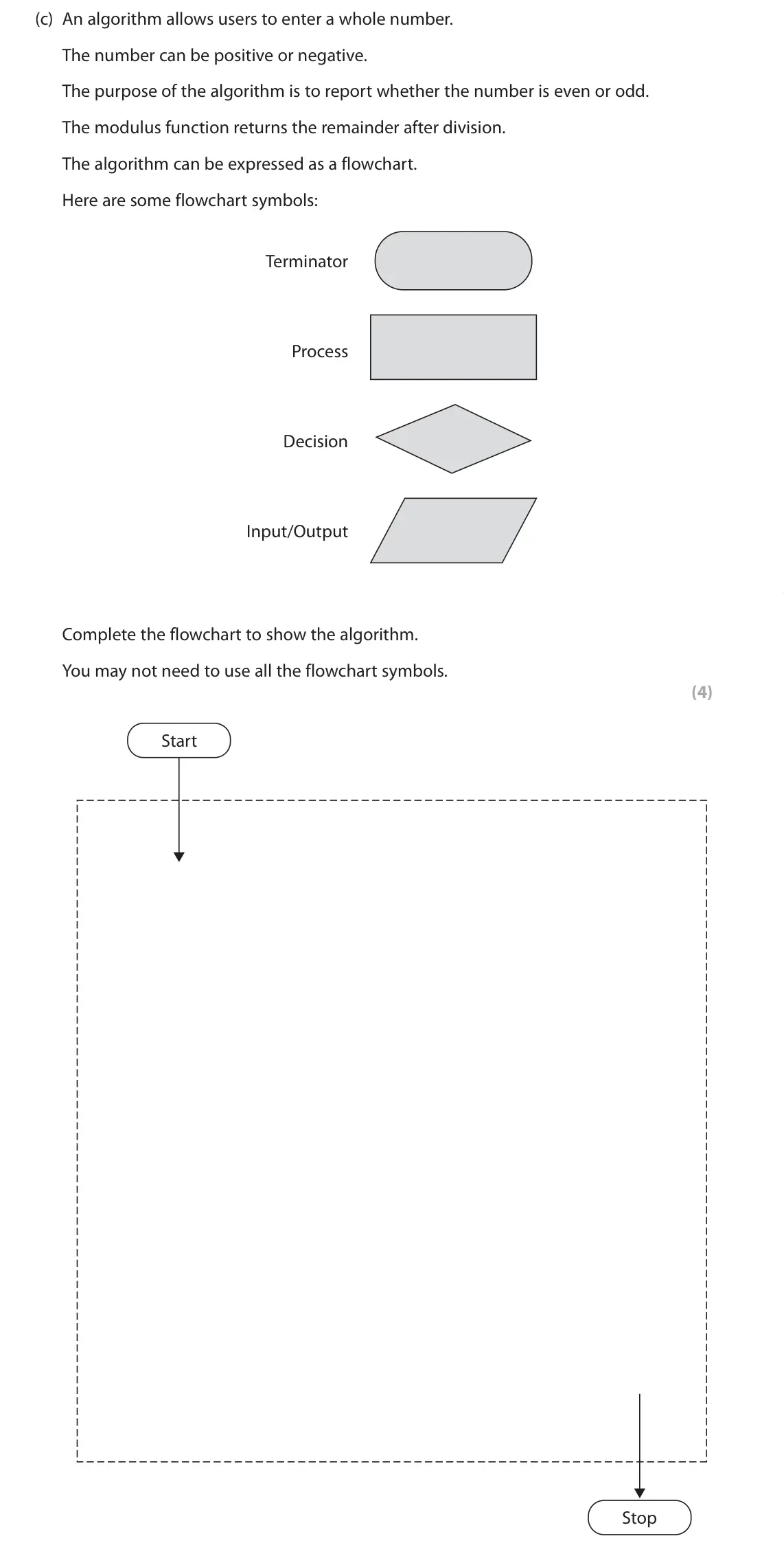 June 2023 Paper 1, question 4(c): An algorithm allows users to enter a whole number. The number can be positive or negative. The purpose of the algorithm is to report whether the number is even 