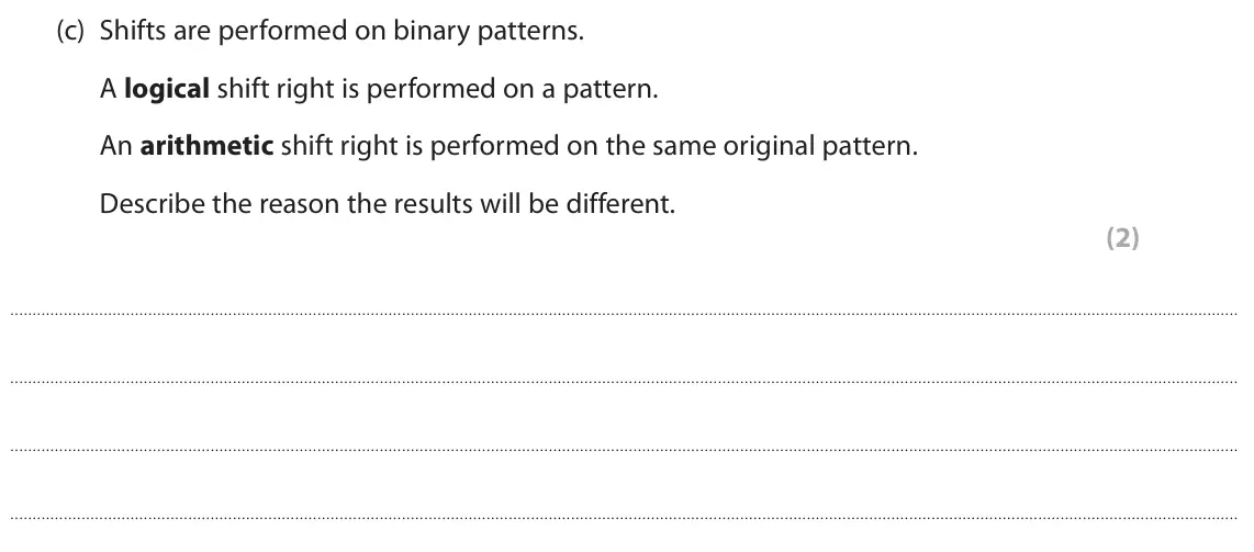 June 2023 Paper 1, question 5(c): Shifts are performed on binary patterns. A logical shift right is performed on a pattern. An arithmetic shift right is performed on the same original pattern. D