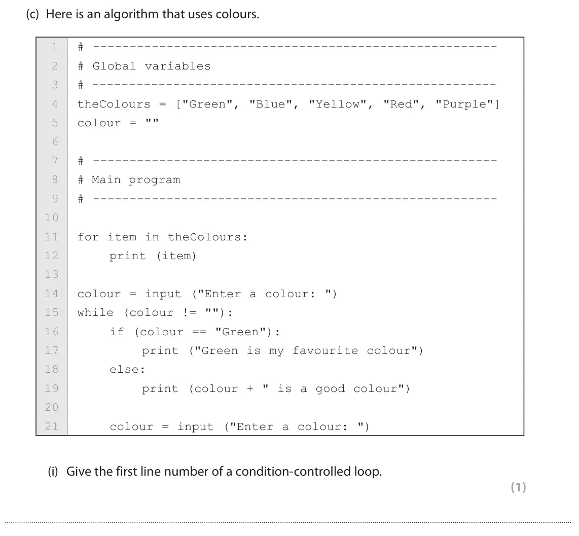 June 2024 Paper 1, question 1(c)(i): Give the first line number of a condition‑controlled loop. (1)