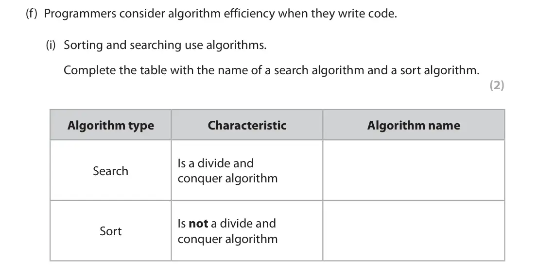 June 2024 Paper 1, question 1(f)(i): Sorting and searching use algorithms. Complete the table with the name of a search algorithm and a sort algorithm. (2) Algorithm type Characteristic Algorithm n
