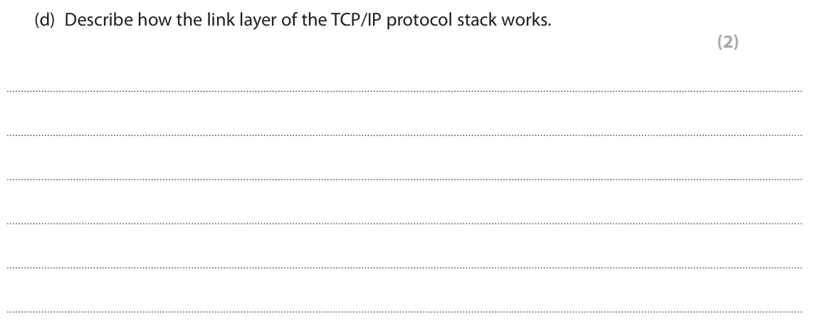 June 2024 Paper 1, question 3(d): Describe how the link layer of the TCP/IP protocol stack works. (2)