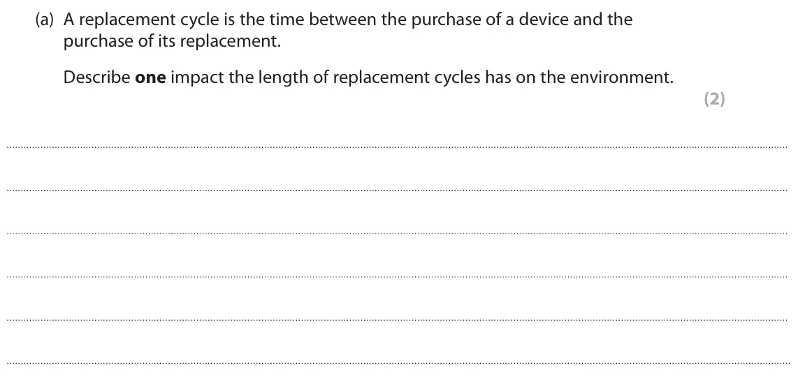 June 2024 Paper 1, question 5(a): A replacement cycle is the time between the purchase of a device and the purchase of its replacement. Describe one impact the length of replacement cycles has o