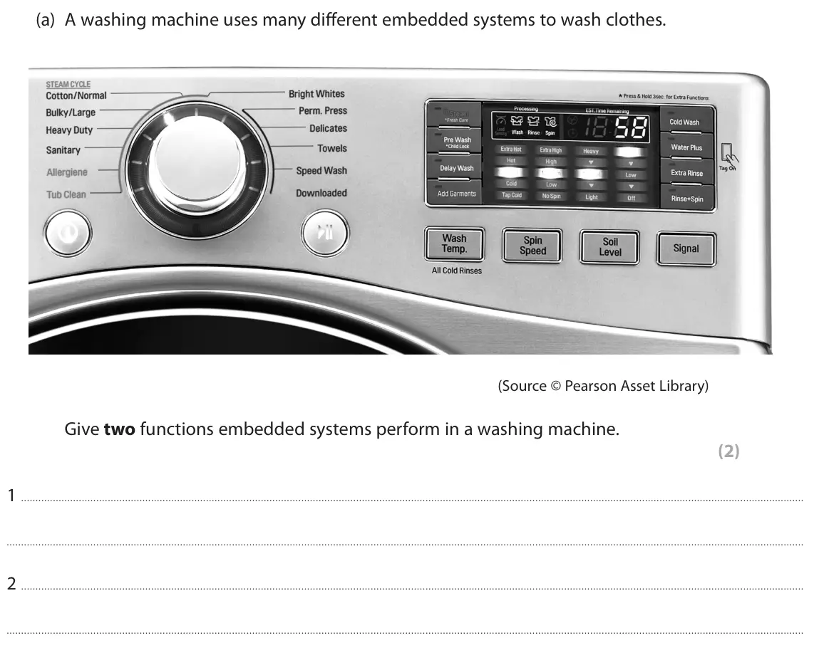 June 2025 Paper 1, question 2(a): A washing machine uses many different embedded systems to wash clothes. (Source © Pearson Asset Library) Give two functions embedded systems perform in a washin