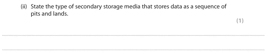 June 2025 Paper 1, question 2(b)(ii): State the type of secondary storage media that stores data as a sequence of pits and lands. (1)