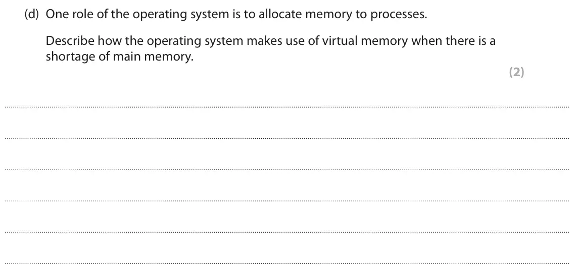 June 2025 Paper 1, question 2(d): One role of the operating system is to allocate memory to processes. Describe how the operating system makes use of virtual memory when there is a shortage of m