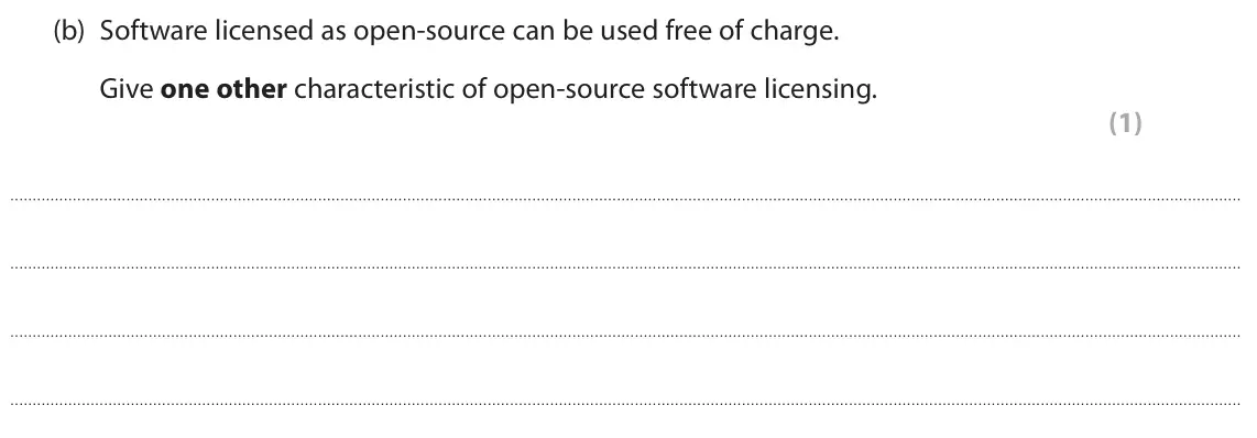 June 2025 Paper 1, question 3(b): Software licensed as open-source can be used free of charge. Give one other characteristic of open-source software licensing. (1)