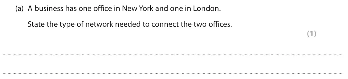 June 2025 Paper 1, question 4(a): A business has one office in New York and one in London. State the type of network needed to connect the two offices. (1)
