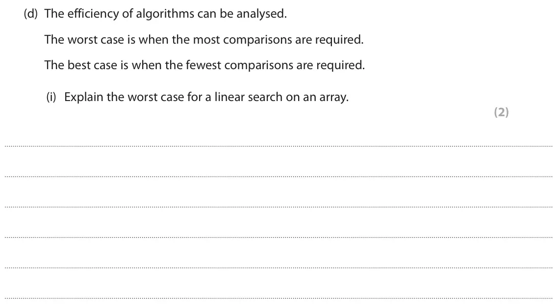 June 2025 Paper 1, question 5(d)(i): Explain the worst case for a linear search on an array. (2)