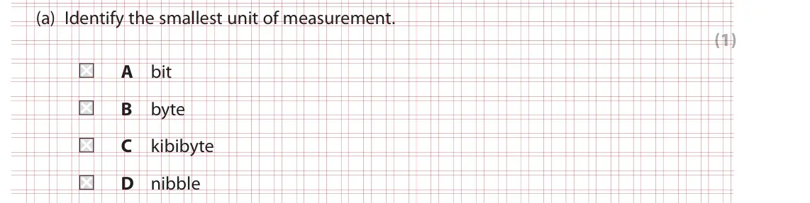 Specimen Paper 1, question 1(a): Identify the smallest unit of measurement. (1) A bit B byte C kibibyte D nibble