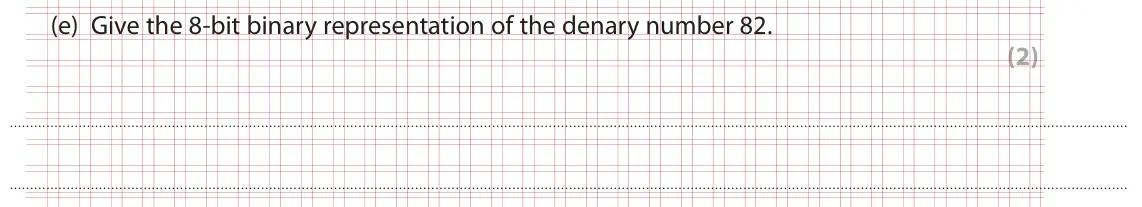 Specimen Paper 1, question 1(e): Give the 8-bit binary representation of the denary number 82. (2)
