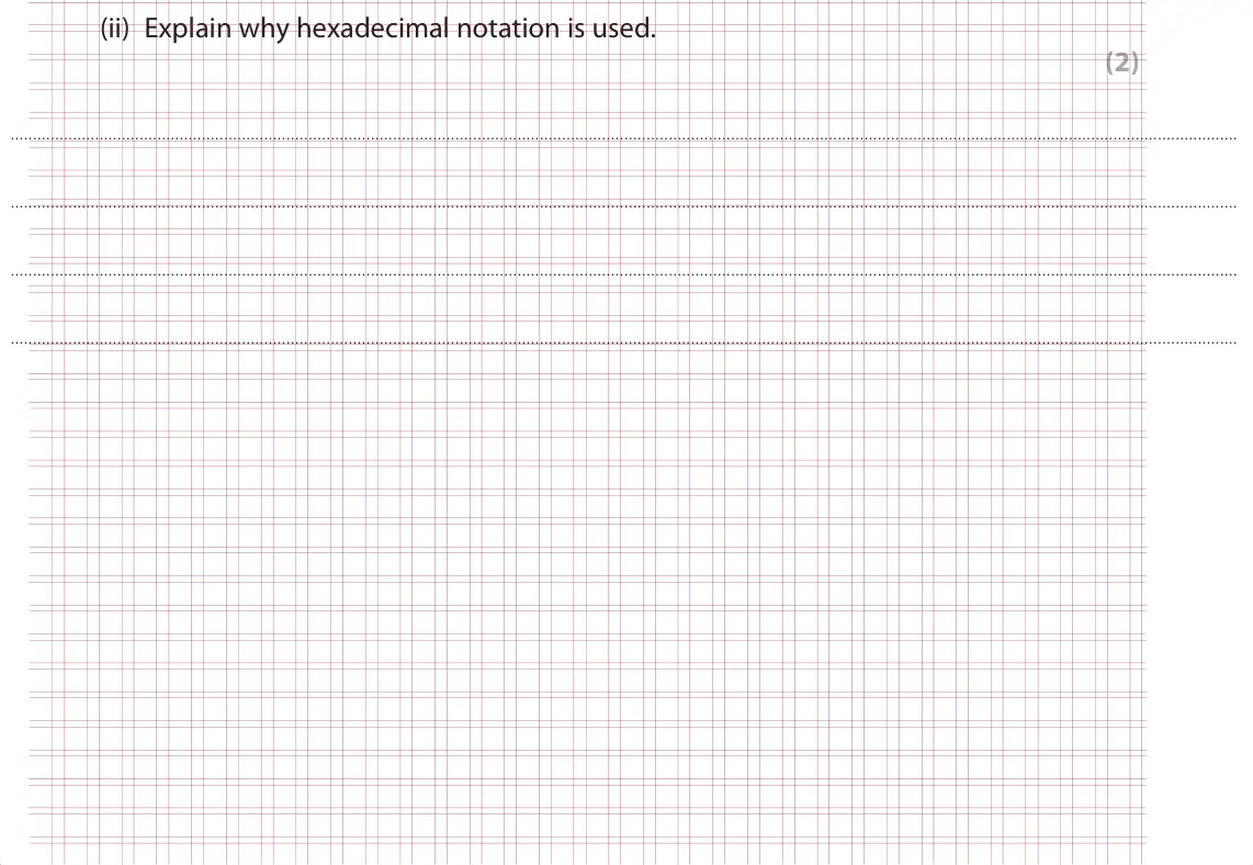 Specimen Paper 1, question 1(f)(ii): Explain why hexadecimal notation is used. (2)