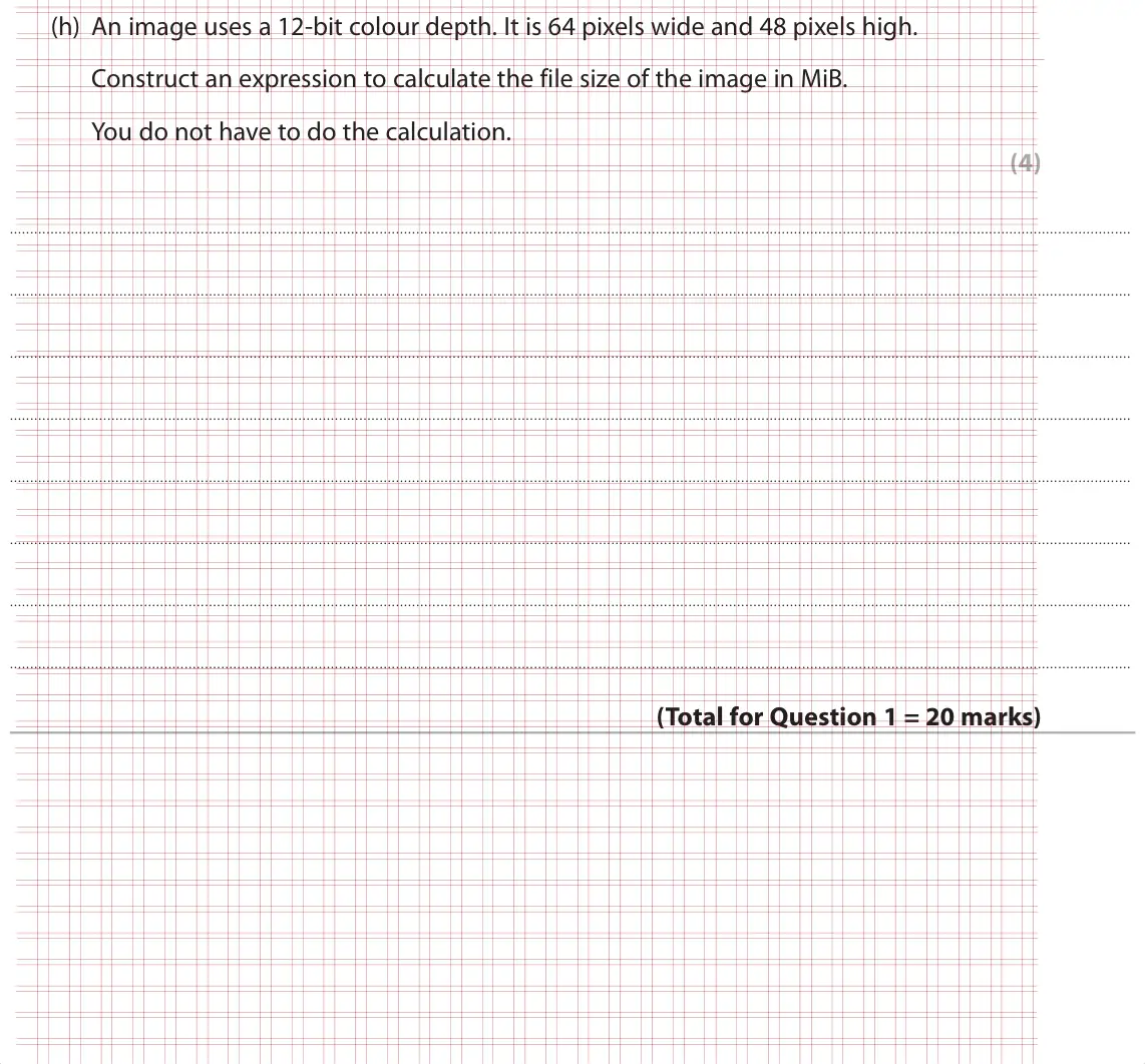 Specimen Paper 1, question 1(h): An image uses a 12-bit colour depth. It is 64 pixels wide and 48 pixels high. Construct an expression to calculate the file size of the image in MiB. You do not