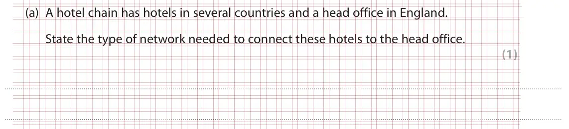Specimen Paper 1, question 2(a): A hotel chain has hotels in several countries and a head office in England. State the type of network needed to connect these hotels to the head office. (1)