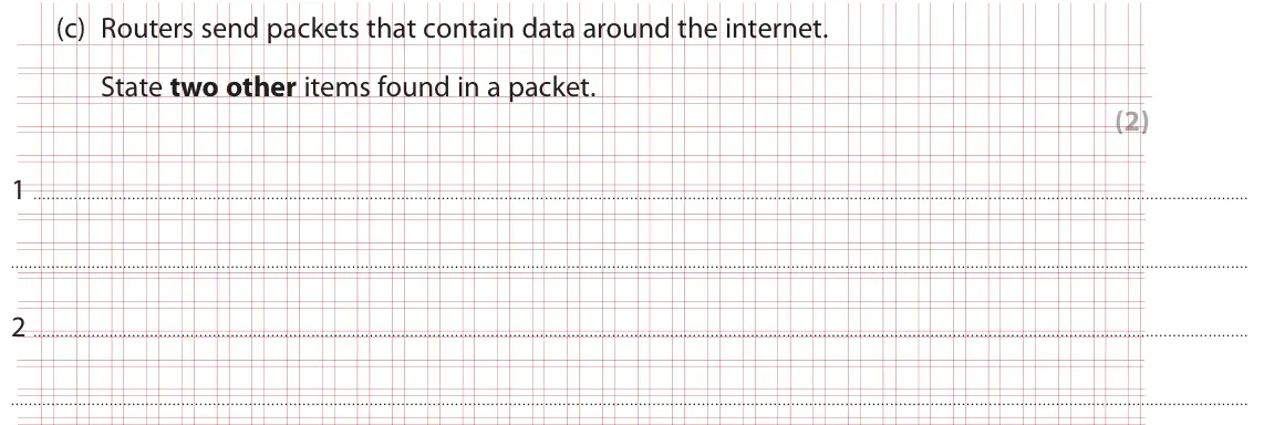 Specimen Paper 1, question 2(c): Routers send packets that contain data around the internet. State two other items found in a packet. (2) 1 2