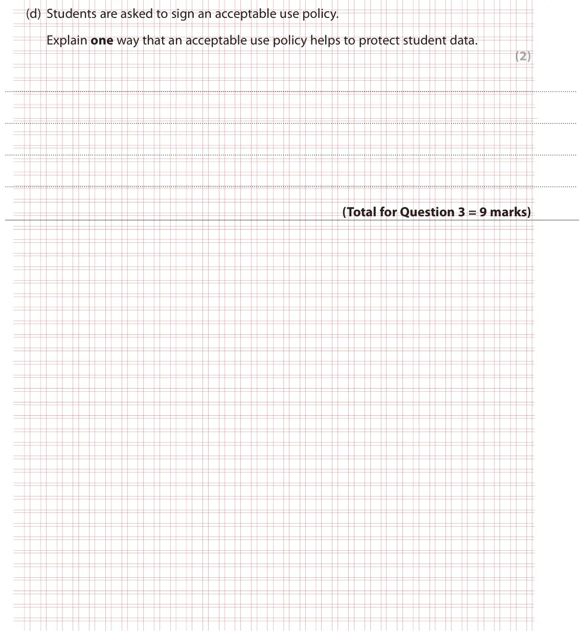 Specimen Paper 1, question 3(d): Students are asked to sign an acceptable use policy. Explain one way that an acceptable use policy helps to protect student data. (2)