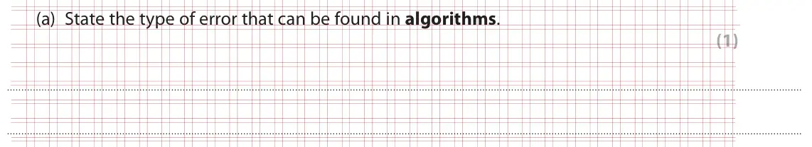Specimen Paper 1, question 5(a): State the type of error that can be found in algorithms. (1)