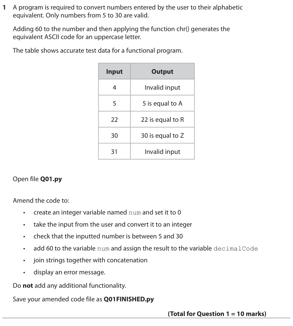 June 2022 Paper 2, question 1: A program is required to convert numbers entered by the user to their alphabetic equivalent. Only numbers from 5 to 30 are valid. Adding 60 to the number and th