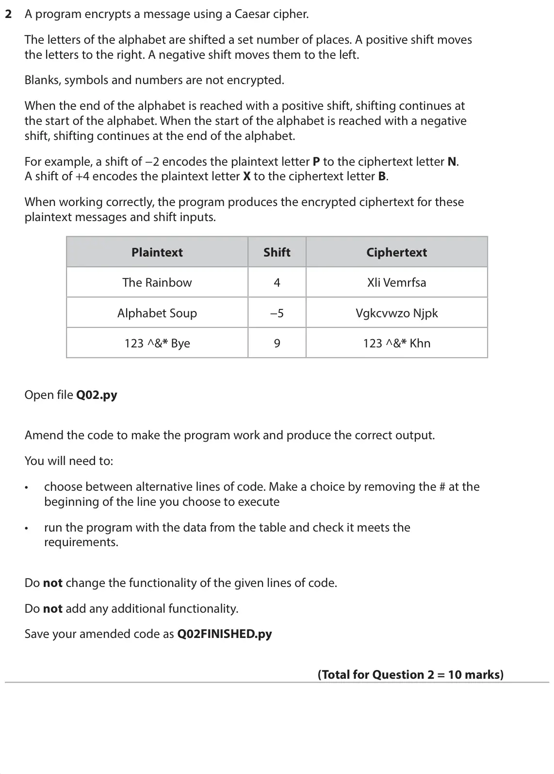 June 2024 Paper 2, question 2: A program encrypts a message using a Caesar cipher. The letters of the alphabet are shifted a set number of places. A positive shift moves the letters to the ri