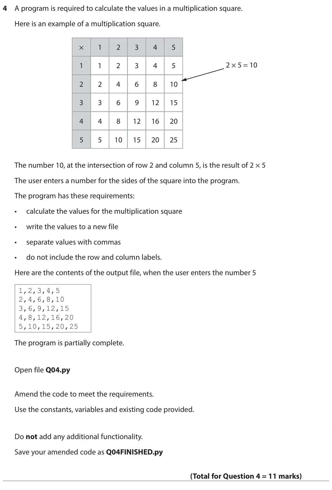 June 2025 Paper 2, question 4: A program is required to calculate the values in a multiplication square. Here is an example of a multiplication square. × 1 2 3 4 5 2 × 5 = 10 1 1 2 3 4 5 2 2 