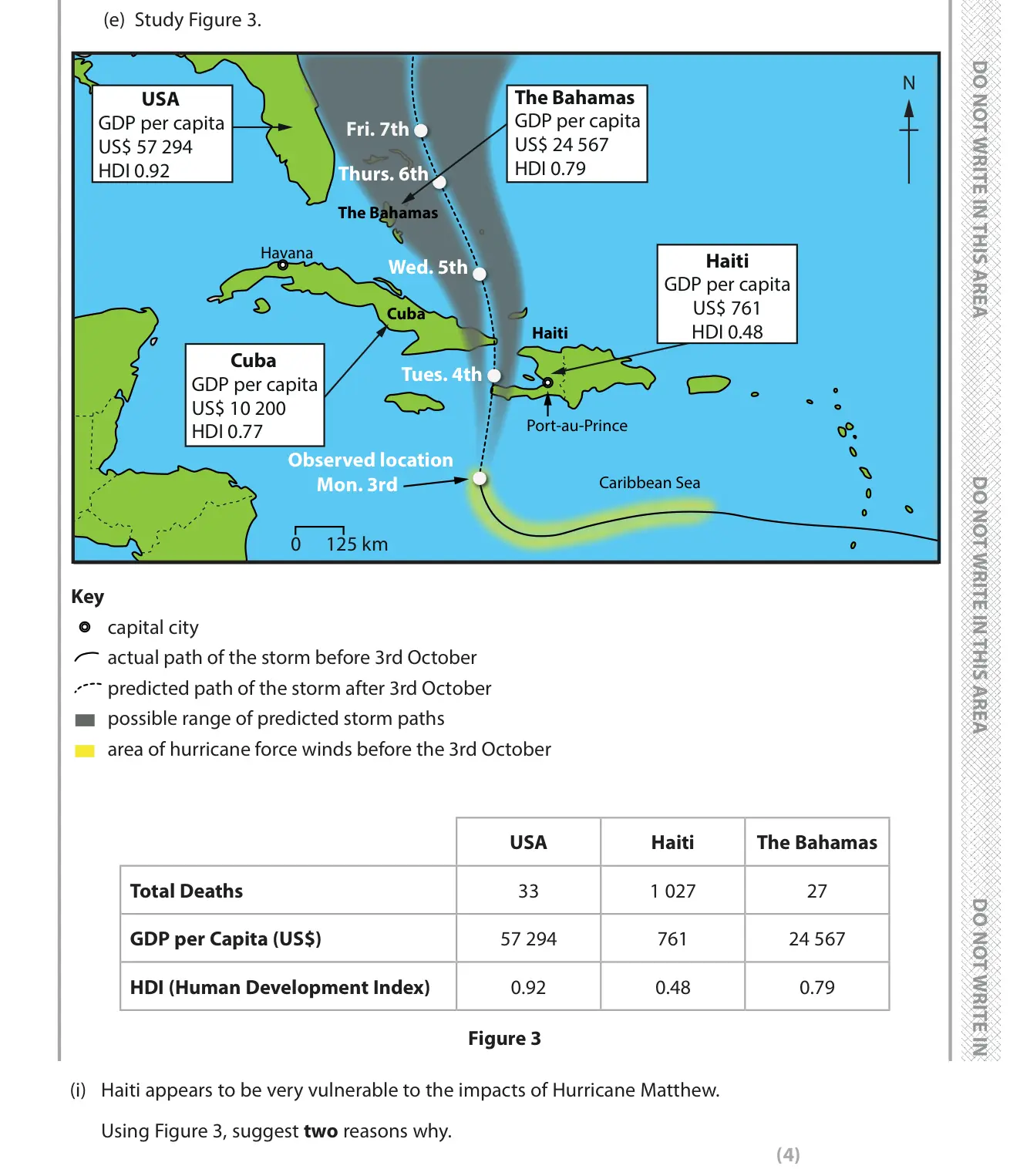 June 2018 Paper 1, question 1(e)(i): Haiti appears to be very vulnerable to the impacts of Hurricane Matthew. Using Figure 3, suggest two reasons why. (4) 1 Study Figure 1. Crust 0 -100 km Lithosph