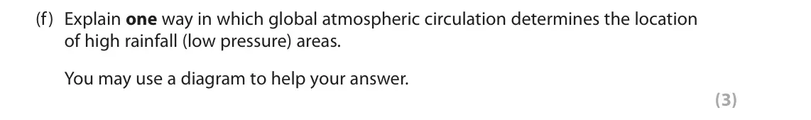 June 2018 Paper 1, question 1(f): Explain one way in which global atmospheric circulation determines the location of high rainfall (low pressure) areas. You may use a diagram to help your answer