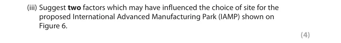 June 2018 Paper 1, question 3(c)(iii): Suggest two factors which may have influenced the choice of site for the proposed International Advanced Manufacturing Park (IAMP) shown on Figure 6. (4)