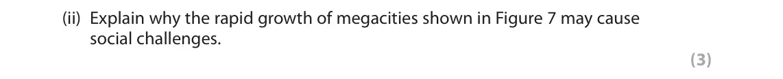 June 2018 Paper 1, question 3(d)(ii): Explain why the rapid growth of megacities shown in Figure 7 may cause social challenges. (3)