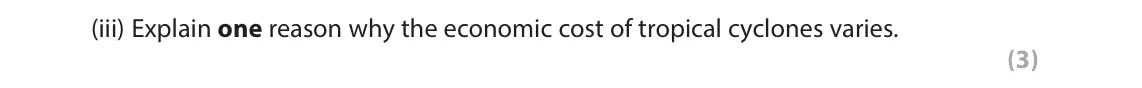 June 2019 Paper 1, question 1(c)(iii): Explain one reason why the economic cost of tropical cyclones varies. (3)