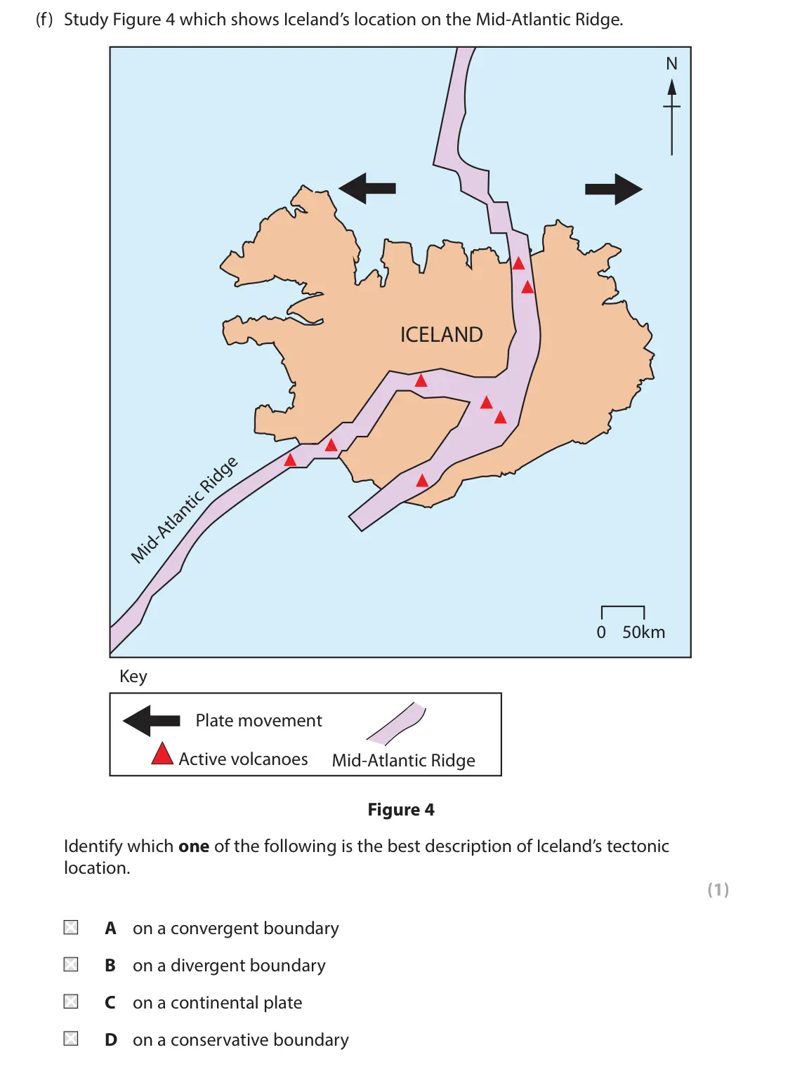 June 2019 Paper 1, question 1(f): Study Figure 4 which shows Iceland’s location on the Mid-Atlantic Ridge. N ICELAND 0 50km Key Plate movement Active volcanoes Mid-Atlantic Ridge Figure 4 Identi