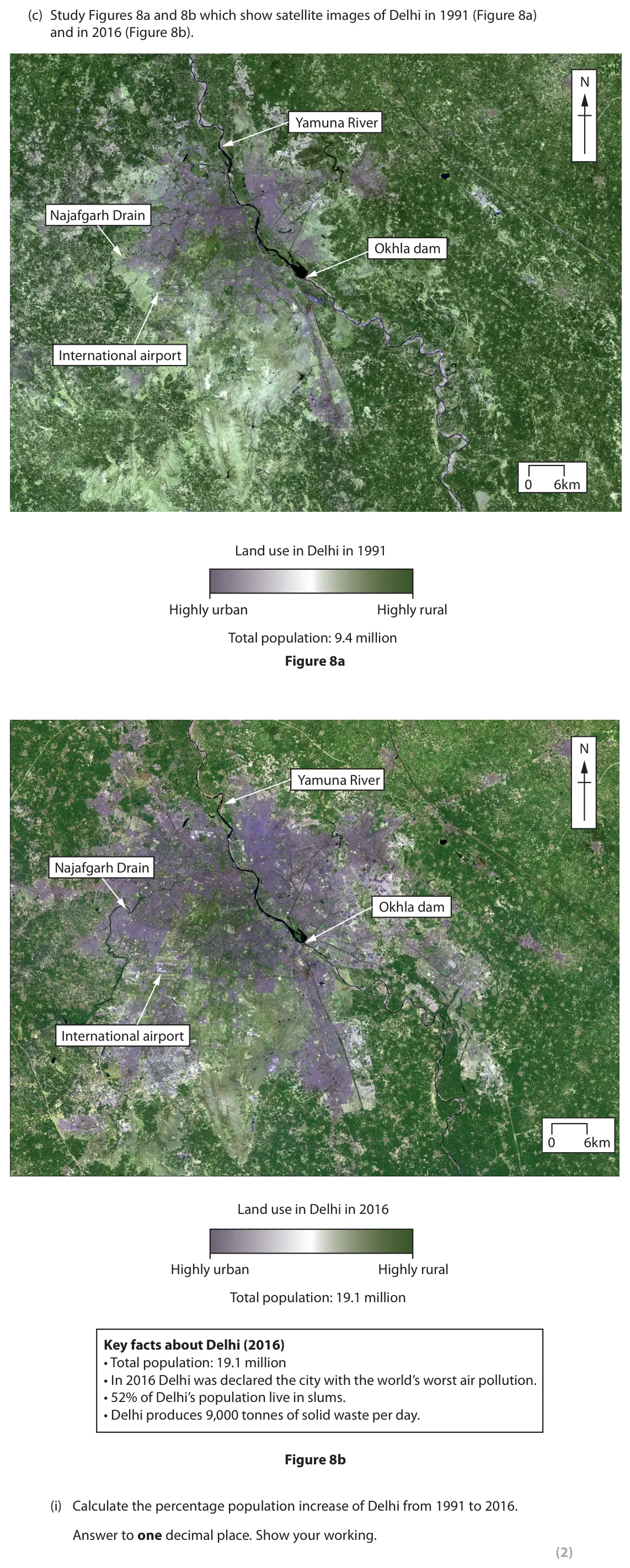 June 2019 Paper 1, question 3(c)(i): Calculate the percentage population increase of Delhi from 1991 to 2016. Answer to one decimal place. Show your working. (2)