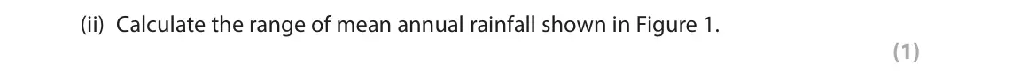 June 2022 Paper 1, question 1(a)(ii): Calculate the range of mean annual rainfall shown in Figure 1. (1)