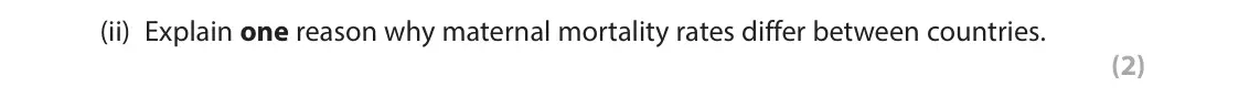 June 2022 Paper 1, question 2(a)(ii): Explain one reason why maternal mortality rates differ between countries. (2)