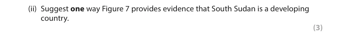June 2022 Paper 1, question 2(f)(ii): Suggest one way Figure 7 provides evidence that South Sudan is a developing country. (3)