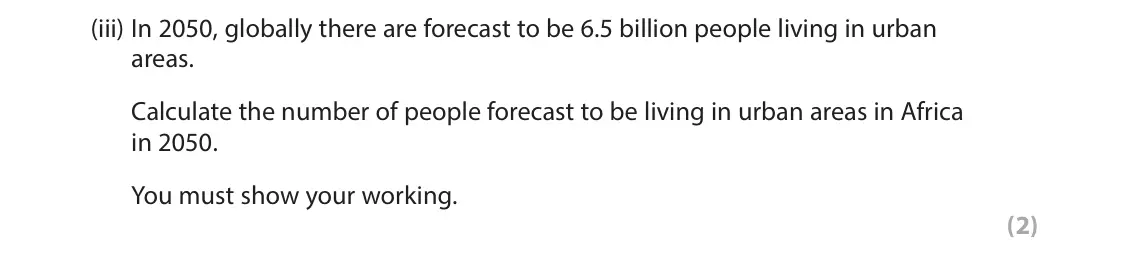 June 2022 Paper 1, question 3(a)(iii): In 2050, globally there are forecast to be 6.5 billion people living in urban areas. Calculate the number of people forecast to be living in urban areas in Afri