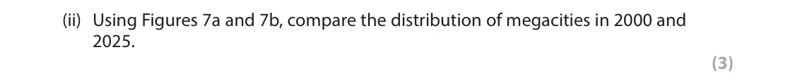 June 2023 Paper 1, question 3(d)(ii): Using Figures 7a and 7b, compare the distribution of megacities in 2000 and 2025. (3)