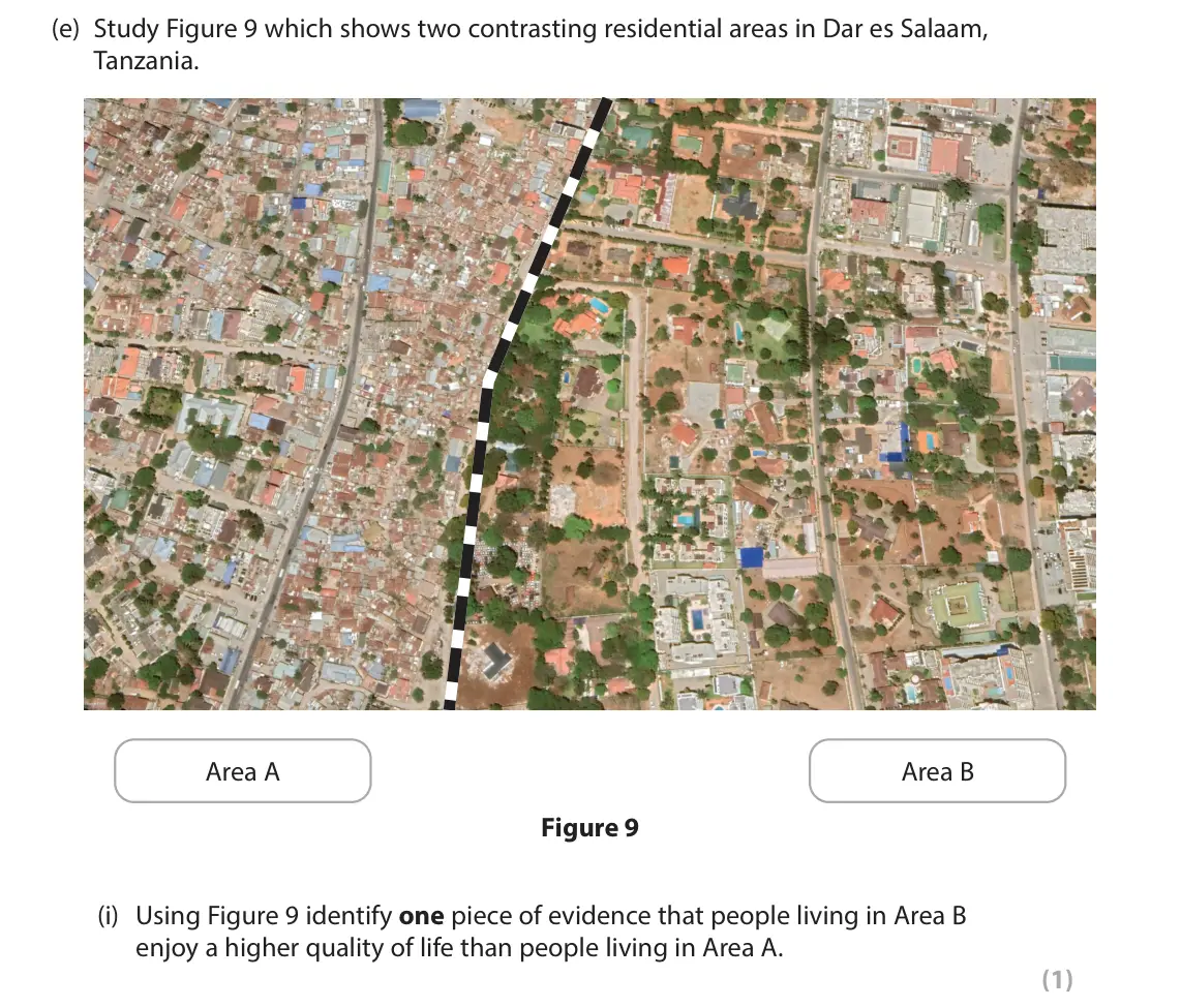 June 2024 Paper 1, question 3(e)(i): Using Figure 9 identify one piece of evidence that people living in Area B enjoy a higher quality of life than people living in Area A. (1) 3 Study Figure 7 whi