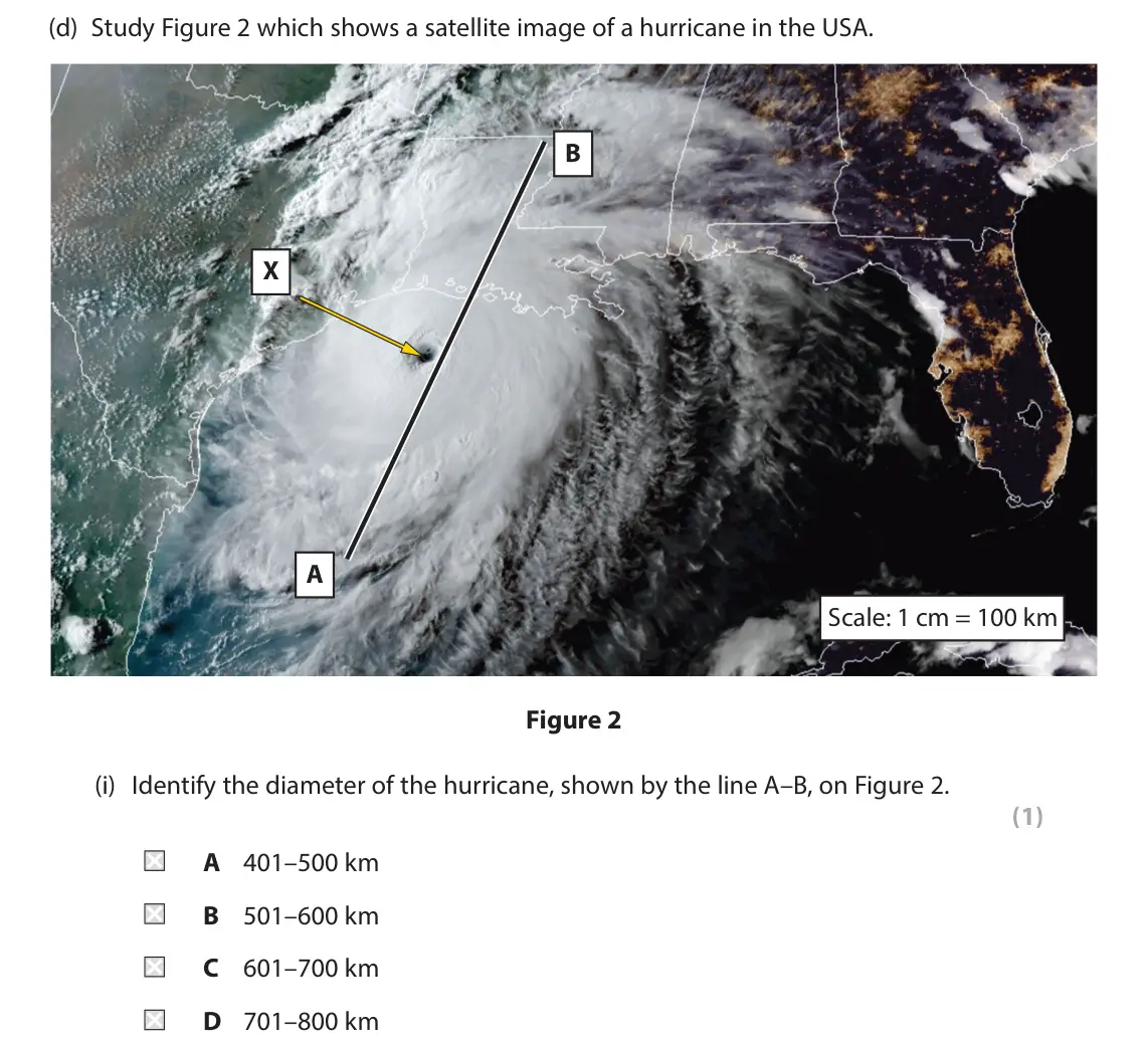 June 2025 Paper 1, question 1(d)(i): Identify the diameter of the hurricane, shown by the line A–B, on Figure 2. (1) A 401–500 km B 501–600 km C 601–700 km D 701–800 km
