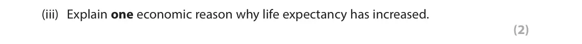 June 2025 Paper 1, question 2(a)(iii): Explain one economic reason why life expectancy has increased. (2)
