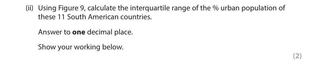 June 2025 Paper 1, question 3(g)(ii): Using Figure 9, calculate the interquartile range of the % urban population of these 11 South American countries. Answer to one decimal place. Show your working