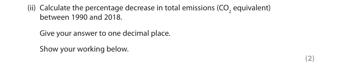 November 2020 Paper 1, question 1(e)(ii): Calculate the percentage decrease in total emissions (CO2 equivalent) between 1990 and 2018. Give your answer to one decimal place. Show your working below. (2)