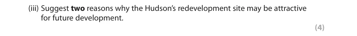 November 2020 Paper 1, question 3(d)(iii): Suggest two reasons why the Hudson’s redevelopment site may be attractive for future development. (4)