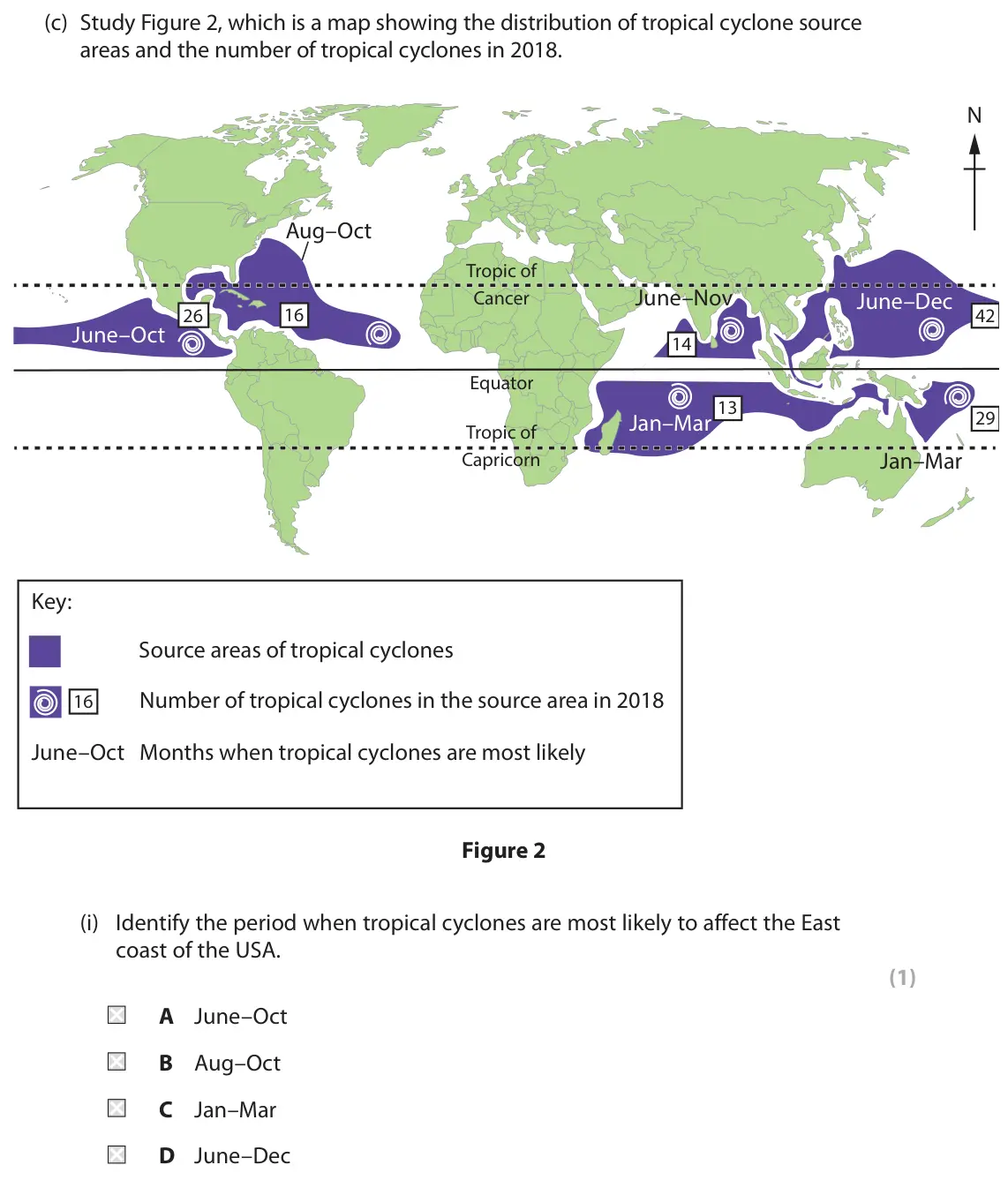 November 2021 Paper 1, question 1(c)(i): Identify the period when tropical cyclones are most likely to affect the East coast of the USA. (1) A June–Oct B Aug–Oct C Jan–Mar D June–Dec 1 Study Figure 1, 