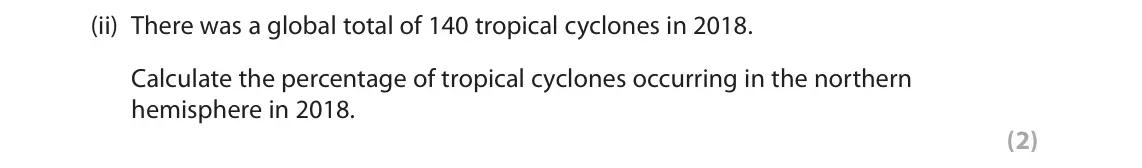 November 2021 Paper 1, question 1(c)(ii): There was a global total of 140 tropical cyclones in 2018. Calculate the percentage of tropical cyclones occurring in the northern hemisphere in 2018. (2) 1 Stu