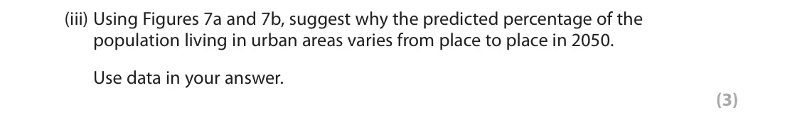 November 2021 Paper 1, question 3(c)(iii): Using Figures 7a and 7b, suggest why the predicted percentage of the population living in urban areas varies from place to place in 2050. Use data in your answe