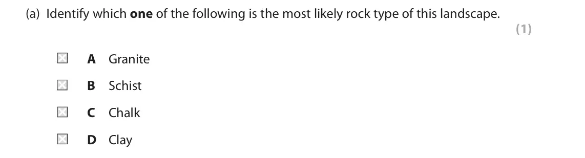June 2018 Paper 2, question 1(a): Identify which one of the following is the most likely rock type of this landscape. (1) A Granite B Schist C Chalk D Clay 1 Study Figure 1 which is a photograph