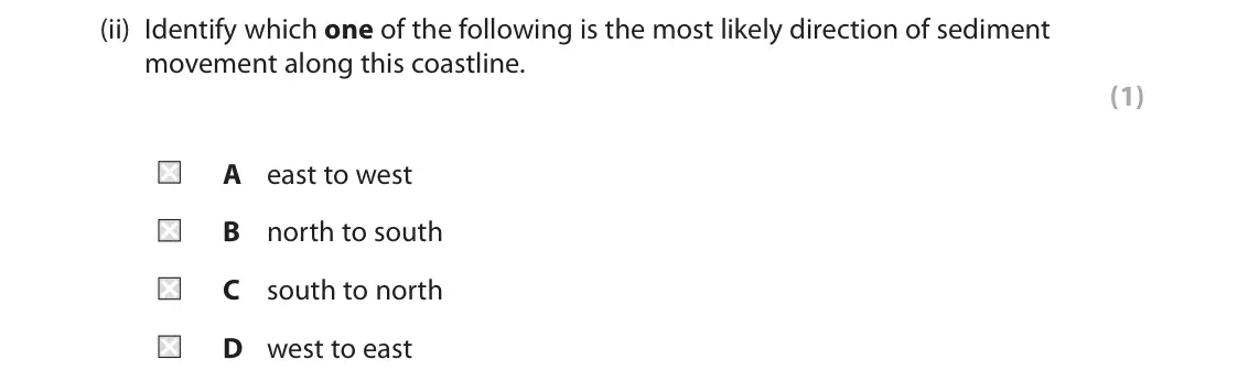 June 2018 Paper 2, question 2(a)(ii): Identify which one of the following is the most likely direction of sediment movement along this coastline. (1) A east to west B north to south C south to north