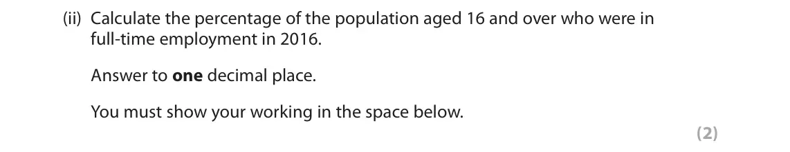 June 2018 Paper 2, question 5(a)(ii): Calculate the percentage of the population aged 16 and over who were in full-time employment in 2016. Answer to one decimal place. You must show your working in