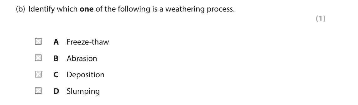 June 2019 Paper 2, question 1(b): Identify which one of the following is a weathering process. (1) A Freeze-thaw B Abrasion C Deposition D Slumping 1 Study Figure 1 which is a diagram of changes