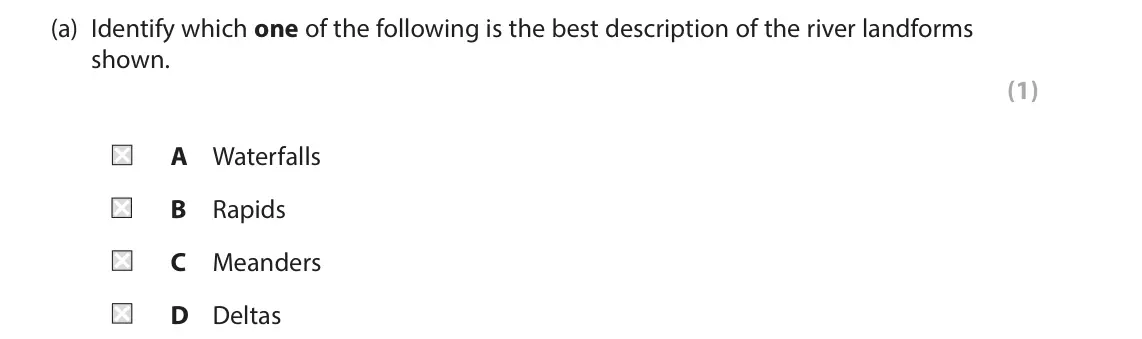 June 2019 Paper 2, question 3(a): Identify which one of the following is the best description of the river landforms shown. (1) A Waterfalls B Rapids C Meanders D Deltas 3 Study Figure 3 which i